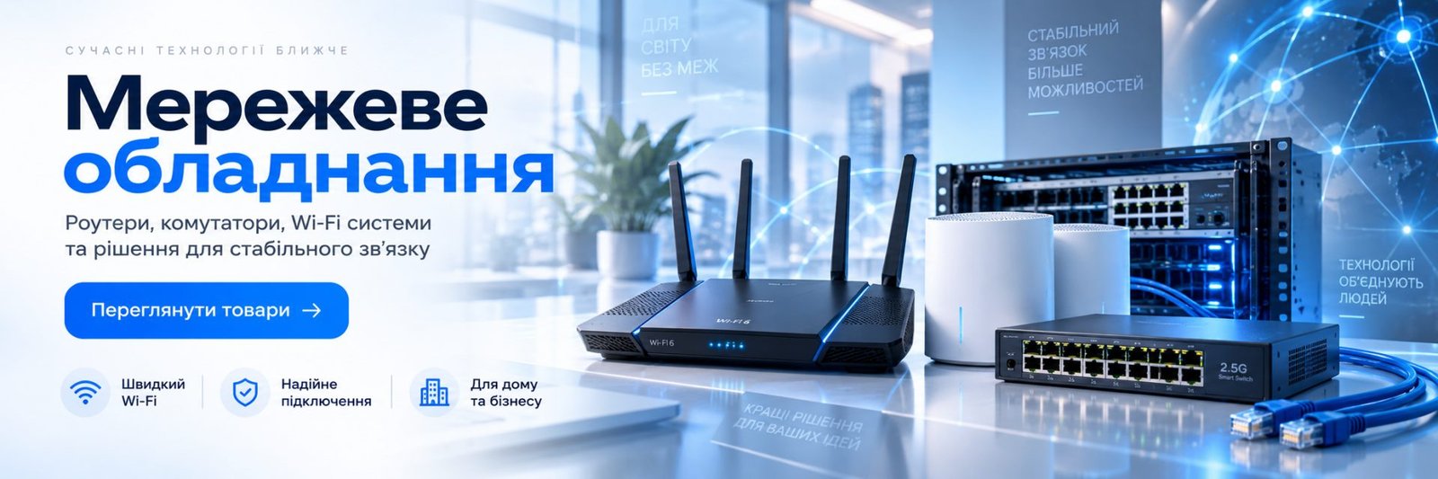 Мережеве обладнання: роутери, комутатори та Wi-Fi системи для дому та бізнесу